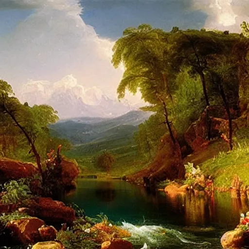 Image similar to The stream is a metaphor for life. It is always moving forward, even though it may meander. An oil painting by Thomas Cole