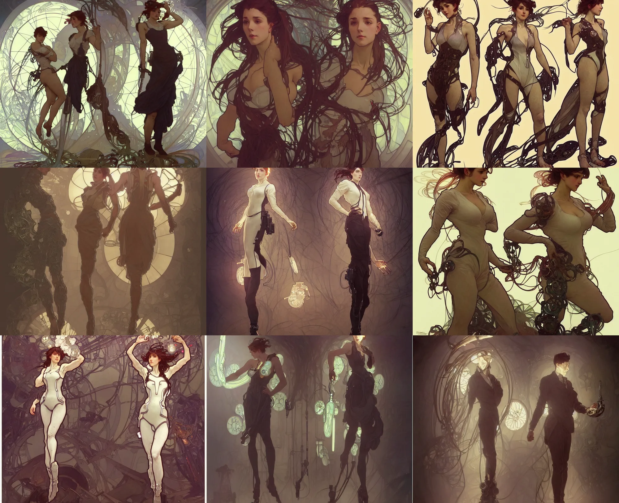 Prompt: a digital concept art by artgerm and greg rutkowski and alphonse mucha. full body three - view!! t pose!! clear portrait of a lonely attractive machinist in uniform!! future factory, sci - fi repair tools, light effect. hyper detailed, character concept, glowing lights!! intricate, elegant, digital painting, artstation, smooth, sharp focus