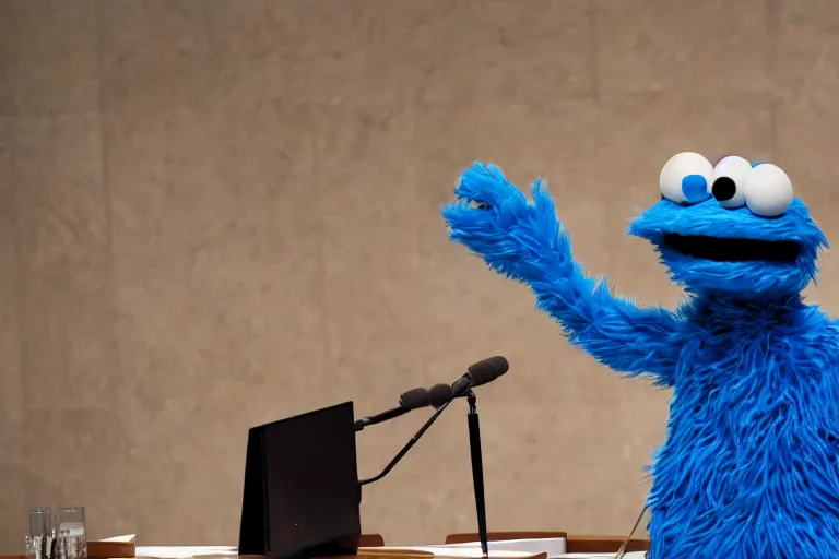 Prompt: Cookie Monster gives a talk at the UN, stood at the podium