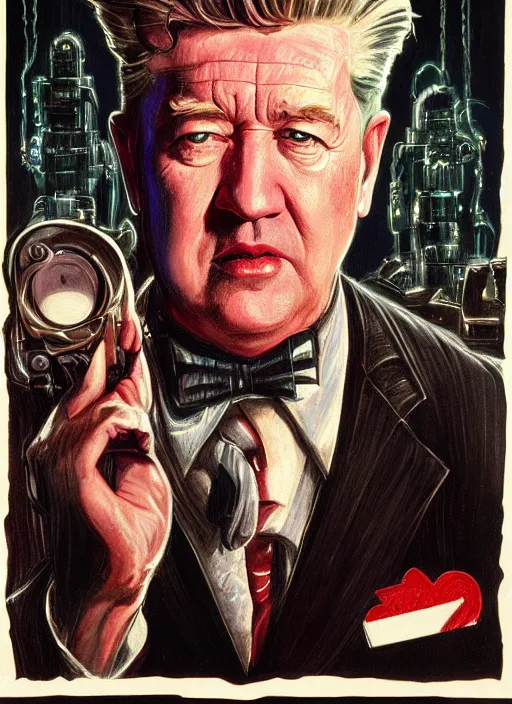 Image similar to portrait of david lynch in ghostbusters ( 1 9 8 4 ), highly detailed, centered, solid color background, digital painting, artstation, concept art, smooth, sharp focus, illustration, donato giancola, joseph christian leyendecker, les edwards, ed repka, wlop