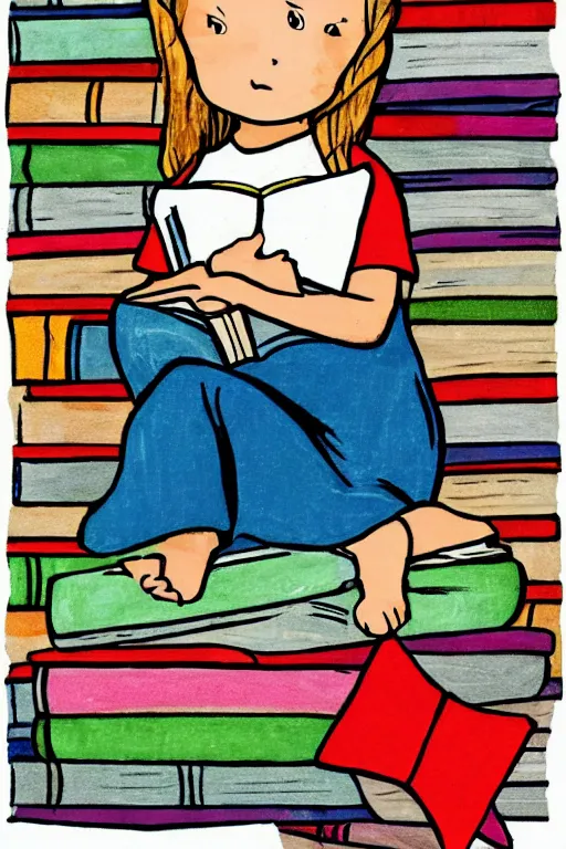 Prompt: a little girl sits cross legged on top of a tall pile of books. she is reading. clean pretty cartoon painting, beautiful detailed face.