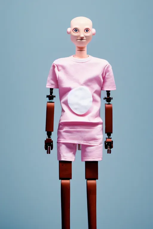 Image similar to a high definition film photograph of a normal mixed race androgynous robot human wearing a plain white t - shirt, in a pastel pink office. friendly. crushed shadows. three point light.