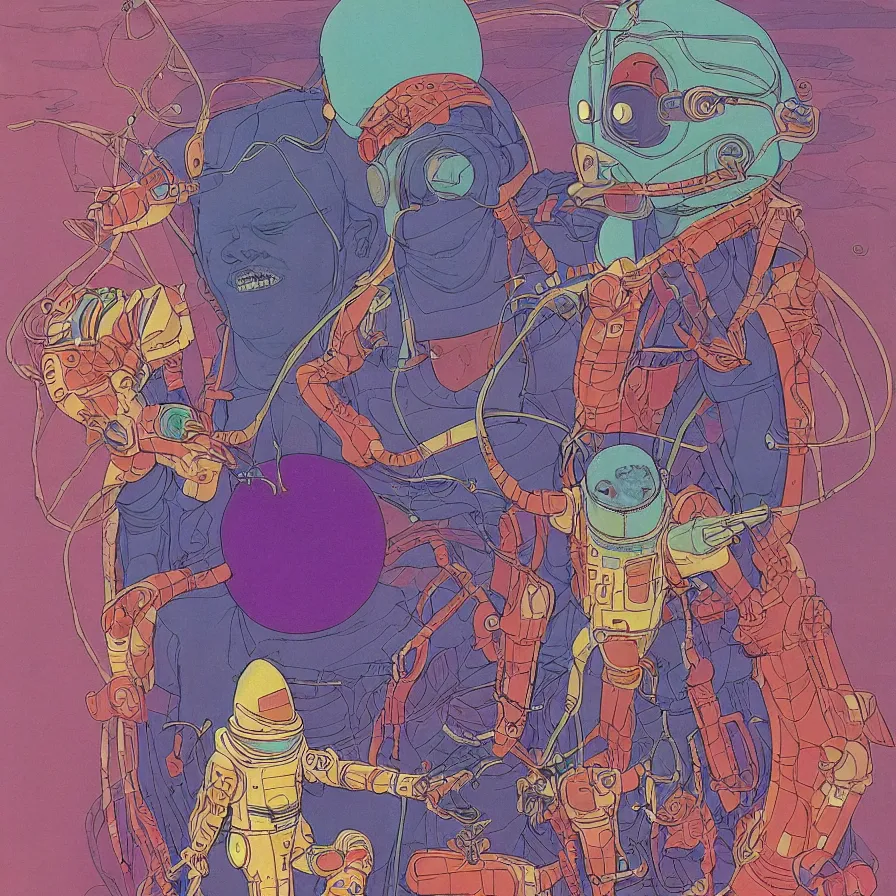 Image similar to ( an alien king and an astronaut talking face to face, overdetailed art, colorful, record jacket design ) by mœbius