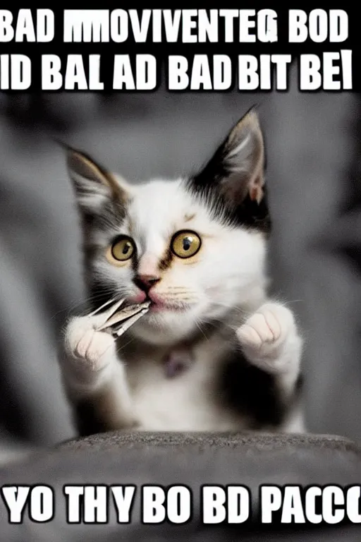 Image similar to motivational poster with a picture of a depressed kitten smoking a cigarette, the caption reads bag nag bad daggy