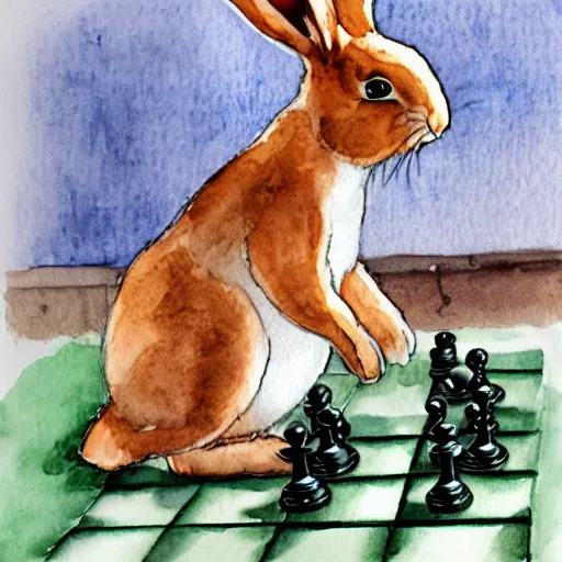 Image similar to a rabbit playing chess, seen from the opponents point of view, watercolour realism