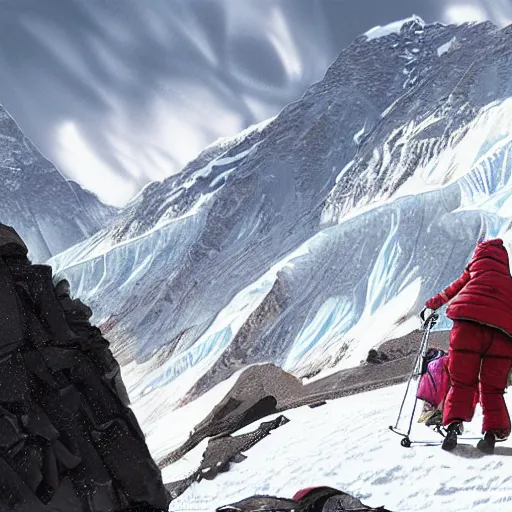 Image similar to blonde lady pushing obese indian woman in a wheelchair up mount everest, greg rutkowski