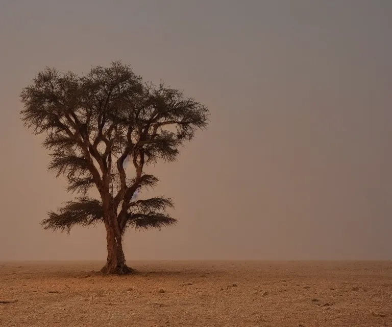 Image similar to an isolated ancient tree in the middle of a barren dessert, bleak, sandy, foggy, sunrise, dreary