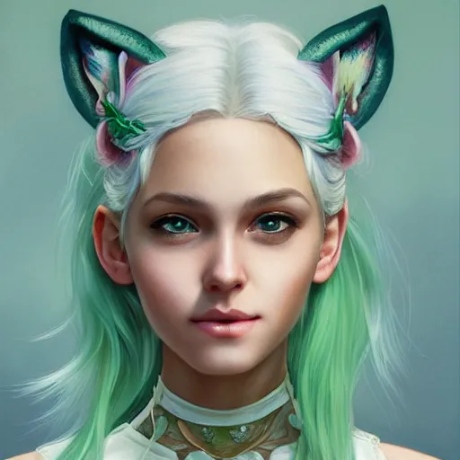 Image similar to ultra realistic illustration, dream girl with white hair, with light green eyes, with cat ears, in a sundress, intricate, elegant, highly detailed, digital painting, artstation, concept art, smooth, sharp focus, illustration, art by artgerm and greg rutkowski and alphonse mucha