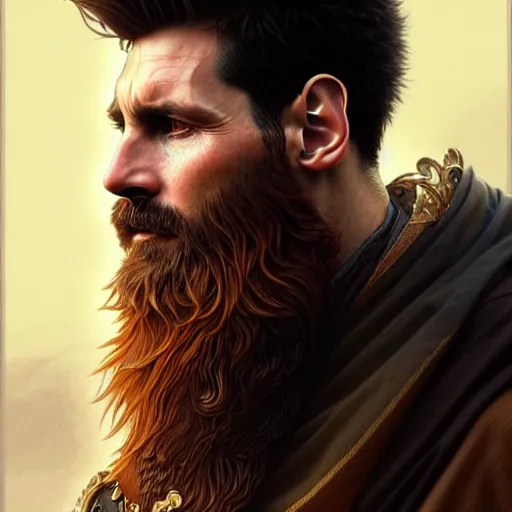 Image similar to Messi with a majestic beard, closeup, D&D, fantasy, intricate, elegant, highly detailed, digital painting, artstation, concept art, matte, sharp focus, illustration, art by Artgerm and Greg Rutkowski and Alphonse Mucha