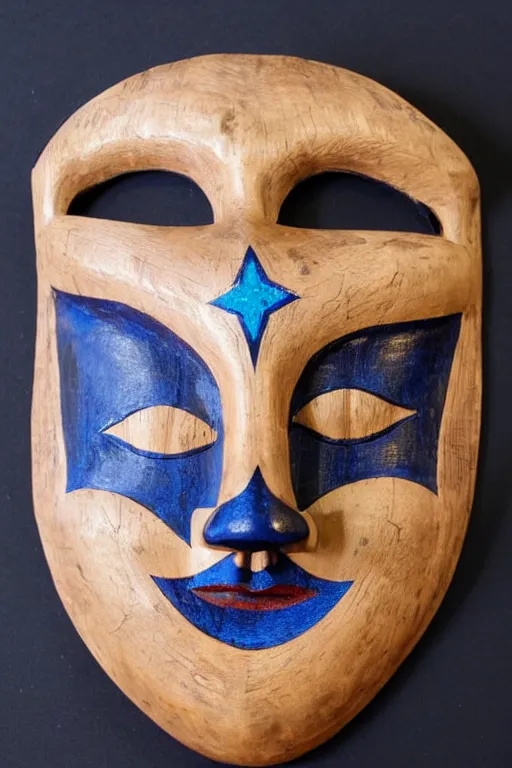 Image similar to a flat carved wooden elf mask face with staring real goat eyes and intricate ornate detail, floating against a dark blue background with stars shapes, vividly coloured, highly detailed, vintage european folk art, colour photograph