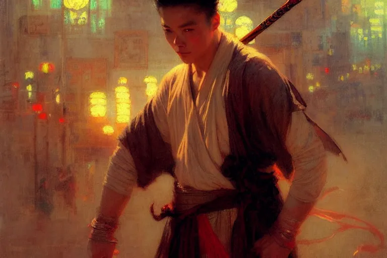 Image similar to wuxia, summer, attractive male, neon light, painting by gaston bussiere, craig mullins, j. c. leyendecker