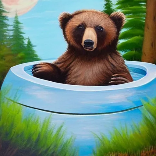 Image similar to grizzly bear cub chilling in a hot tub, calming, nature, painting, bob ross.