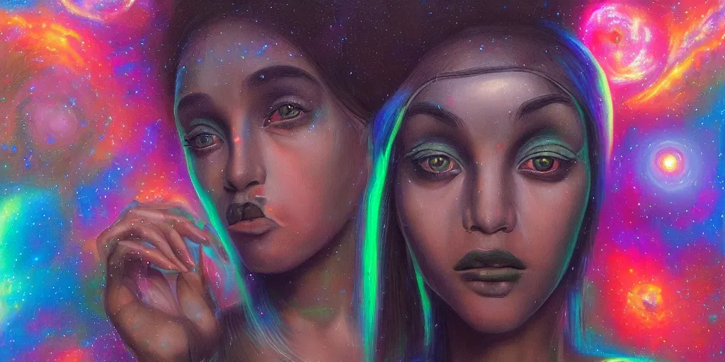 Image similar to patron saint of 🛸🌈👩🏾, futuristic iridescent clothing, wormhole, nebula, black hole, multiverse, neon god of city character portrait, in the style of margaret keane, moebius, tom bagshaw, and waterhouse, cinematic lighting, beautiful, elegant, oil painting,