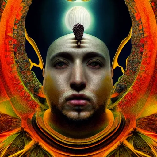 Image similar to symetrical, a majestic photograph of the king of agharta, land of advanced races, giant, hollow earth infographic, illustrations, a big shell with a sun in the interior, dynamic lighting, digital art, fantastically beautiful, illustration,, closeup, aesthetically inspired by leonardo da vinci, trending on artstation, art by daniel merriam, 8 k, upscale