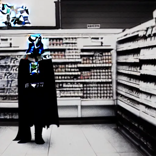 Image similar to security camera footage of darth vader shopping in an convenience store, filmic, cinematographic