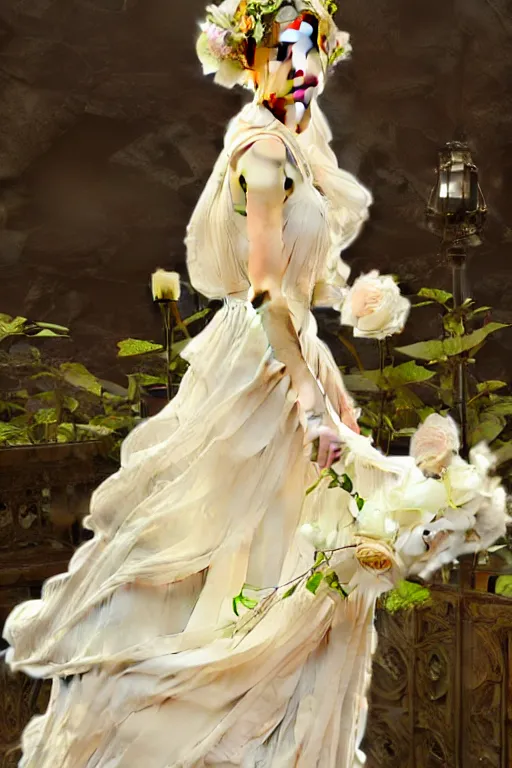 Prompt: woman dressed in a vaporous wrapped large victorian white roses semi transparent silk rose dress fashion, renaissance panorama behind her,D&D, fantasy, intricate, elegant, highly detailed, digital painting, artstation, concept art, matte, sharp focus, illustration, art by Artgerm and Greg Rutkowski and Alphonse Mucha