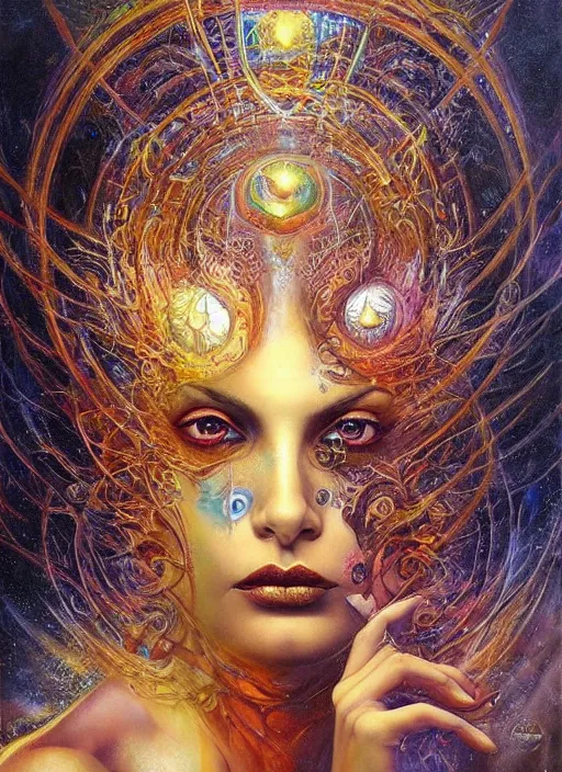 Prompt: magic enlightened cult psychic enchanted woman, painted face, third eye, energetic consciousness psychedelic, epic surrealism expressionism symbolism, perfect, by karol bak, louise dalh - wolfe, masterpiece