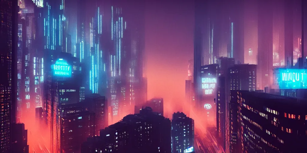 Image similar to megacity streets seen from above, neon signs, giant screens, eerie fog, blade runner, ex machina