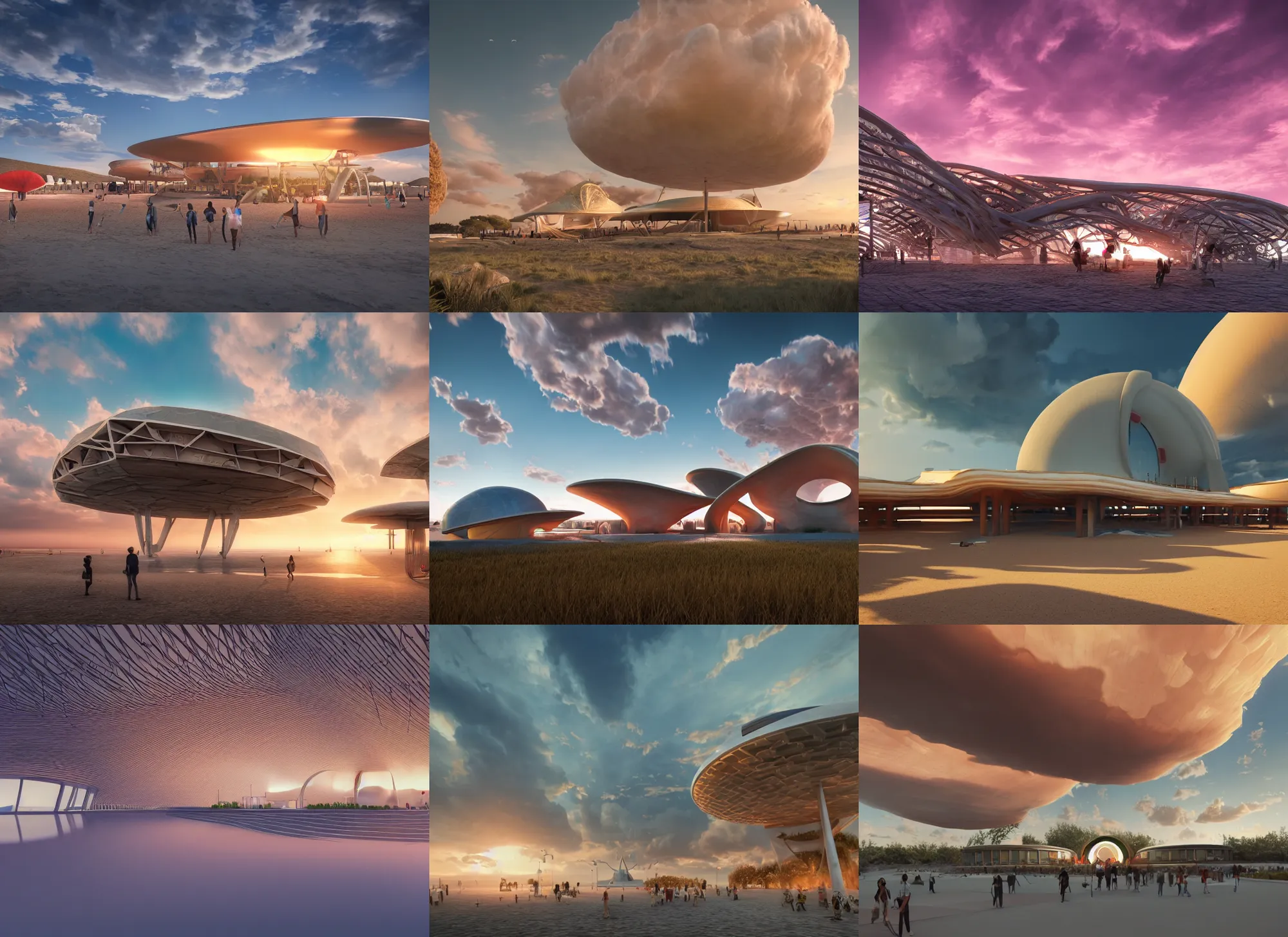 Prompt: the museum of tomorrow located at red beach in panjin during golden hour, beautiful, massive scale, cotton candy clouds, octane render, 4 k quality, multiversal wind of lush