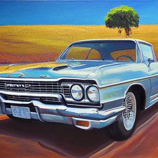 Image similar to chrome impala in a field, oil on canvas, extremely detailed masterpiece