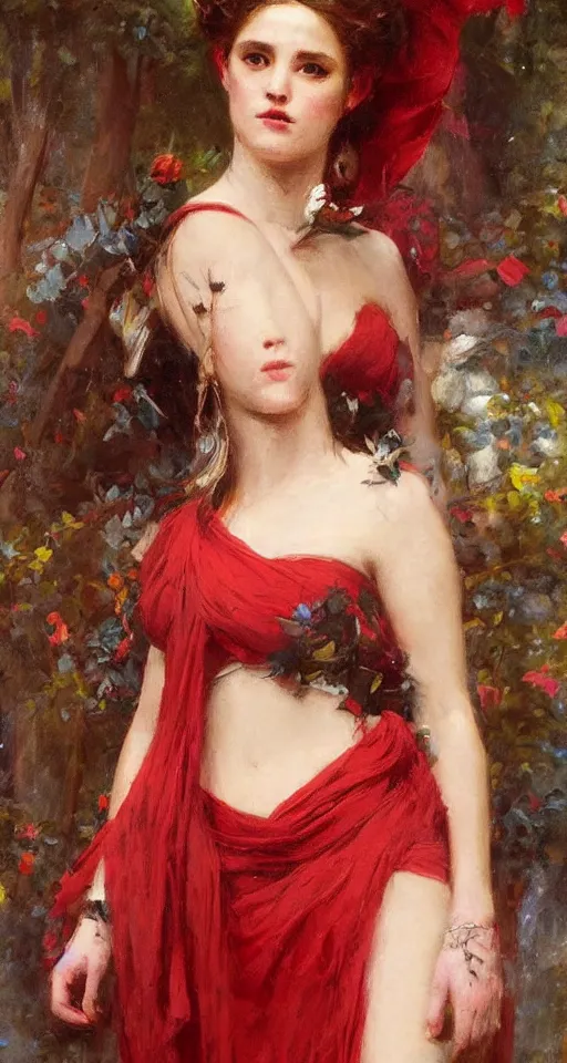 Prompt: solomon Joseph Solomon and Richard Schmid and Jeremy Lipking victorian genre painting portrait painting of a young beautiful woman greek Goddess in fantasy costume, red background