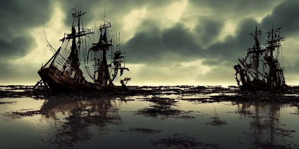 Image similar to shipwrecked spanish galleon, mast and tattered sails, sinking in the mekong delta, sunset, clouds, stormy sea, wrecked sunken pirate ship, tall mast, shipwreck, deconstructed ship, pirate, ghost ship, vietnamese fishing boats, cinematic lighting, hyper realistic, mist, octane render, 8 k, frontlit hyper detailed, ripples, reflections