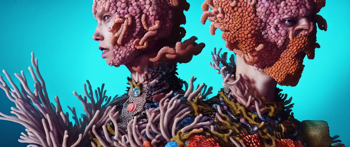 Image similar to hyperrealist highly detailed english medieval portrait of high fashion monster wearing reef armor, radiating atomic neon corals, concept art pascal blanche dramatic studio lighting 8k wide angle shallow depth of field