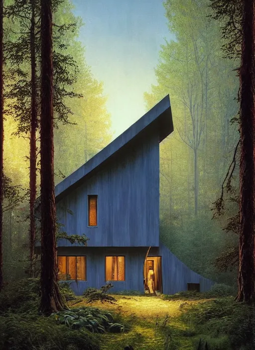 Image similar to hyper realistic witchy modern house with mood lighting and tech in the woods gorgeous lighting, sunbeams blue sky, highly detailed, lush forest foliage painting by zdzisław beksinski and norman rockwell and greg rutkowski weta studio, and lucasfilm