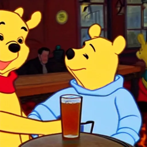 Image similar to winnie the pooh and a blonde woman enjoying a pint in a rural pub. gordon freeman is in the background looking disappointed.