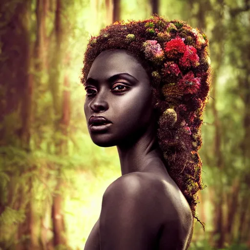 Prompt: beautiful portrait of a forest dryad, her skin made of grass and moss, colorful flowers growing from her head, brown skin like soil, ember eyes, golden sunlight, extremely detailed, hyperrealistic, photo by annie leibovitz, masterpiece, award-winning