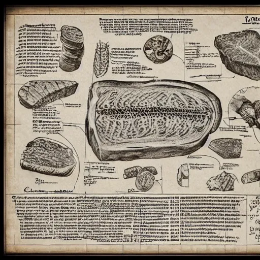 Prompt: highly detailed schematic of steak, parchment, da vinci