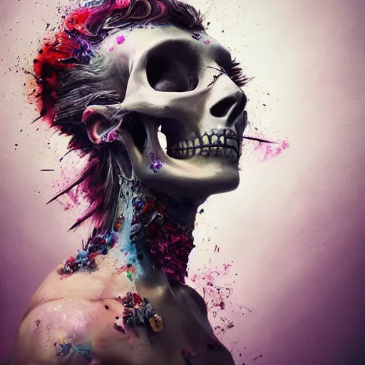 Image similar to full body pose, hyperrealistic mixed media painting of gorgeous skull woman, dim volumetric lighting, 8 k, octane beautifully detailed render, extremely hyper detailed, intricate, epic composition, cinematic lighting, masterpiece, trending on artstation, very very detailed, masterpiece, stunning, hdr, smooth, sharp focus, high resolution, award, winning photo, dslr, 5 0 mm