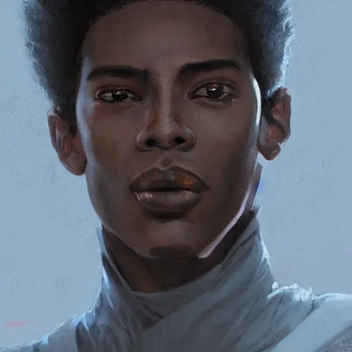 Image similar to portrait of a man by greg rutkowski, he is about 2 0 years old, mixture between afroamerican and japanese, afro hair, young, very tall and slender, he is wearing a futuristic police gear, highly detailed portrait, digital painting, artstation, concept art, smooth, sharp foccus ilustration, artstation hq