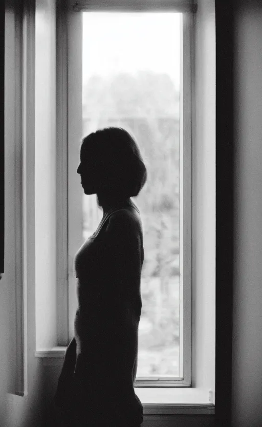 Image similar to a beautiful photograph of a woman standing in a dark room next to a window on a sunny day, dramatic composition