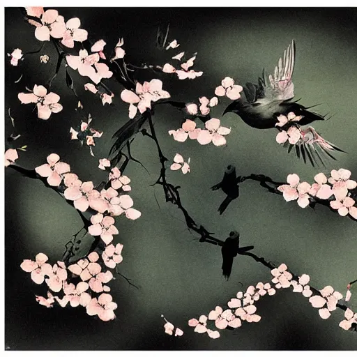 Image similar to birds and sakura blossoms, by dave mckean and yoji shinkawa