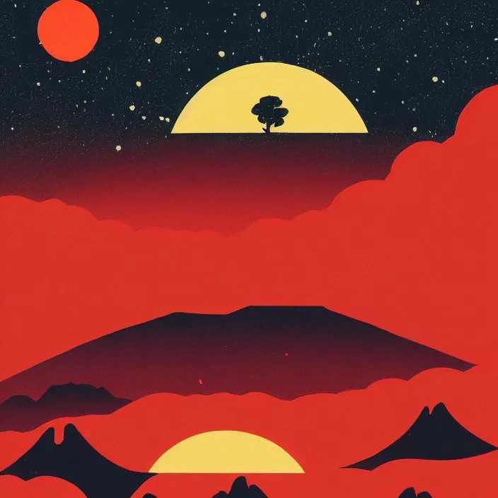 Image similar to a painting of a red landscape with a sun in the background, poster art by tom whalen, behance contest winner, space art, apocalypse landscape, ukiyo - e, synthwave