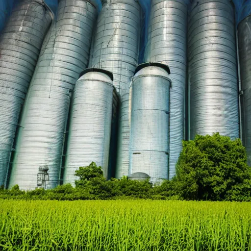 Prompt: lush solarpunk farm with tall clear silos full of greenery, drones flying around, photo