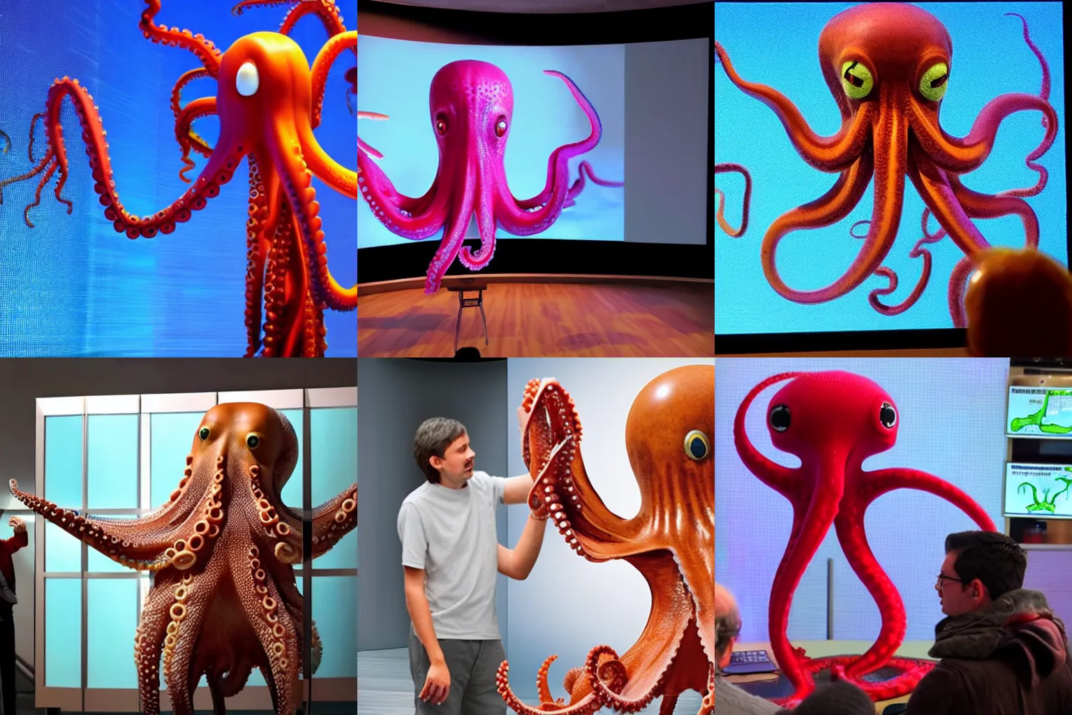 Prompt: A humanoid octopus stands next to a screen and gives a lecture on human culture.