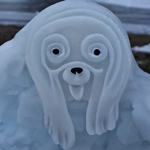 Prompt: A melting ice sculpture of a sad puppy, photography