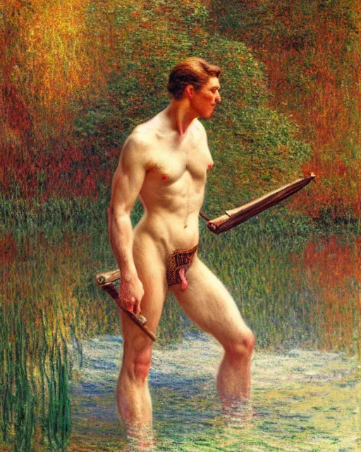 Prompt: handsome philospher wading through a river, reflective water,!!! pants!!! painting by tom of finland, gaston bussiere, craig mullins, j. c. leyendecker, claude monet