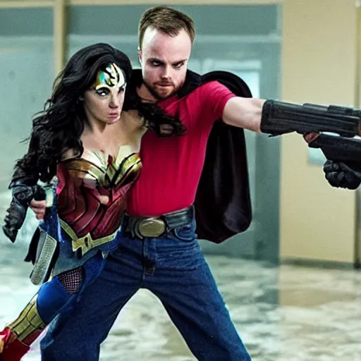 Prompt: Jesse Pinkman holding wonder woman hostage with a gun