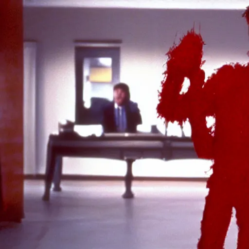 Image similar to still of elmo in american psycho ( 2 0 0 0 ), 8 k, very detailed, very intricate, cinematic,