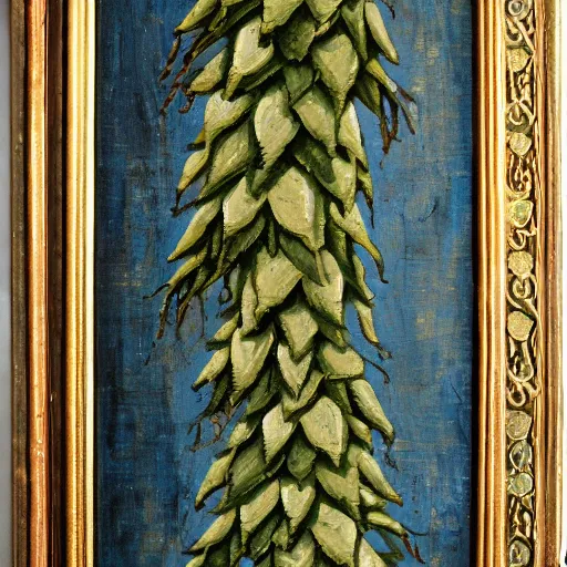 Image similar to hop cones repeating on canvas, medieval style