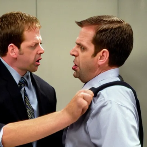 Image similar to character from the office Toby Flenderson punches Michael Scott in the face