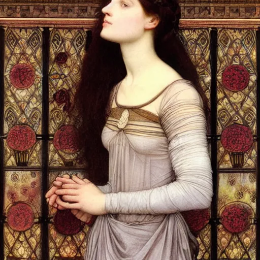 Prompt: Symmetric Pre-Raphaelite painting of a beautiful woman with dark hair and intense white eyes in a transparent silk dark red dress, surrounded by a halo frame of flowers and a highly detailed mathematical drawings of neural networks and geometry by Doré and Mucha, by John William Waterhouse, Pre-Raphaelite painting