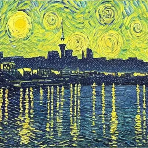 Image similar to Auckland skyline on a starry night painted by van gogh