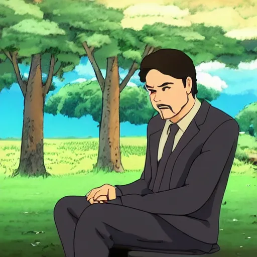 Image similar to president gabriel boric sitting at a tree made by studio ghibli, detail, high quality, detailed, beautiful scene, smooth, high quality lights