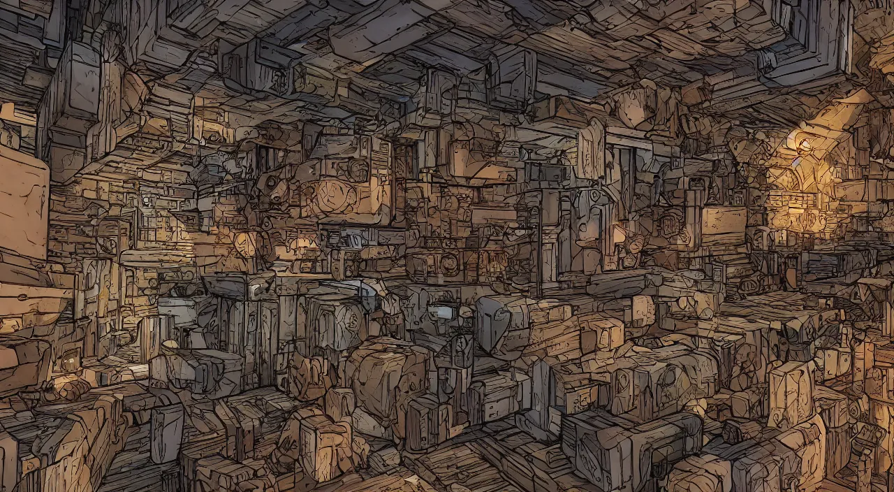 Image similar to wood wall fortress greeble block amazon jungle global illumination ray tracing that looks like it is from borderlands and by feng zhu and loish and laurie greasley, victo ngai, andreas rocha, john harris