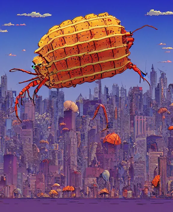 Prompt: city skyline made from obese sea slug lobsters, in the style of a puffy spaceship, skeletons, partly cloudy, spooky, dramatic lighting, by geof darrow, bill sienkiewicz, dan mumford, yusuke murata, makoto shinkai, ross tran, cinematic, unreal engine, cel shaded, featured on artstation, pixiv