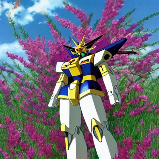 Prompt: gundam wing morphing into a field of flowers